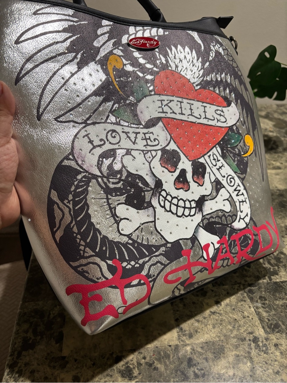 Ed Hardy Silver Metallic Backpack with Black Handles and Red Accents - Picture 13 of 15